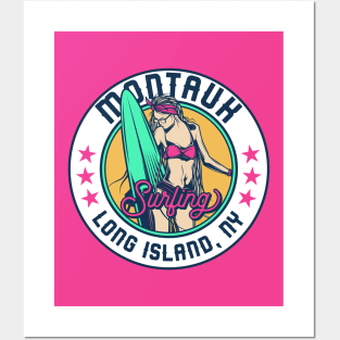 Retro Surfer Babe Badge Montauk Long Island New York Posters and Art